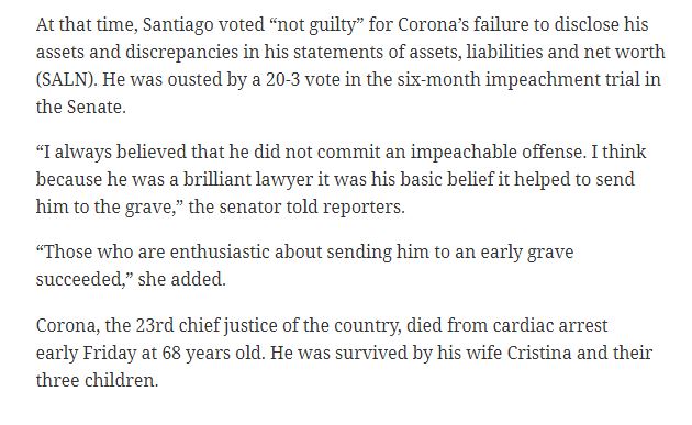 When  #ImpeachedCorona died,  #MDSIsProKawatan was sympathetic to him and believed he could have redeemed himself. https://newsinfo.inquirer.net/782313/miriam-heartsick-over-coronas-passing