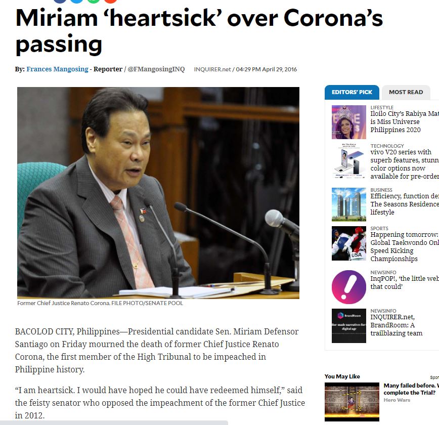 When  #ImpeachedCorona died,  #MDSIsProKawatan was sympathetic to him and believed he could have redeemed himself. https://newsinfo.inquirer.net/782313/miriam-heartsick-over-coronas-passing