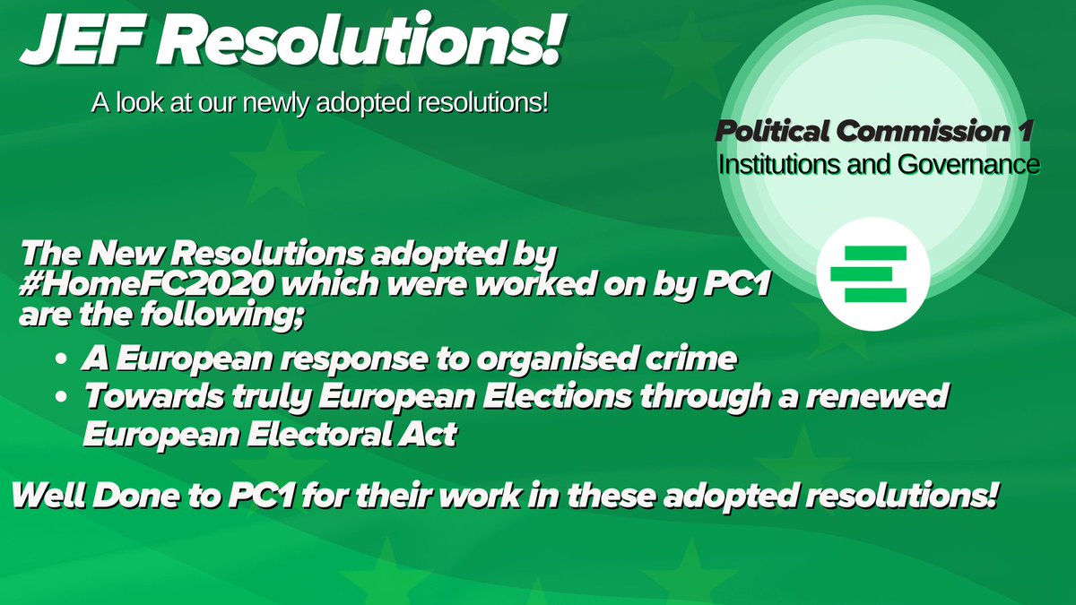 JEF_Europe's tweet photo. Major kudos to Political Commission 1 for their hard work and commitment in getting these resolutions on organised crime and a renewed European Electoral Act, adopted at #homeFC2020 !
#JEFSpirit #SleepLessEuropeMore https://t.co/Fwd8VV8GgR