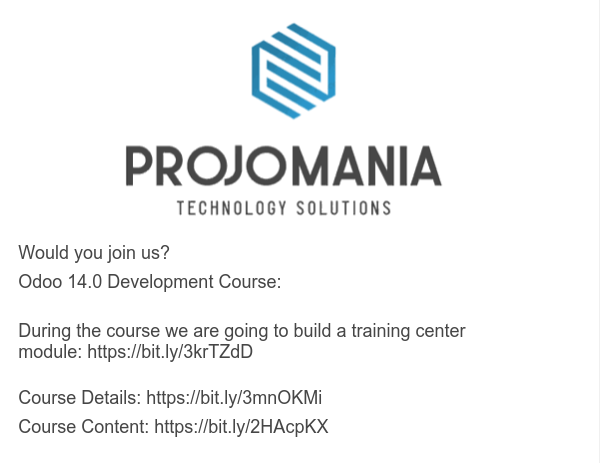 ProjoMania's tweet photo. Would you join us?
#Odoo 14.0 Development Course:
During the course we are going to build a training center module: https://t.co/mAHC8fVuUR
Course Details: https://t.co/CVFcQnFQaW
Course Content: https://t.co/k5uPwrg23R
#ProjoMania #odoo14 #odoo13 #OdooExperience #OdooCourse https://t.co/UlfMx6Tq4e