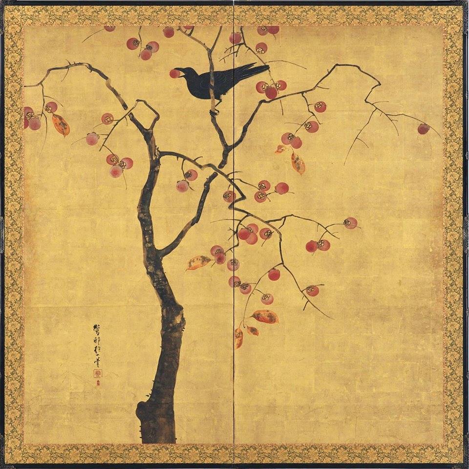 Sakai Hōitsu (1761-1828), A two-fold screen with crow perched in persimmon tree, Japan, Edo period, 19th c. Paper, painted in ink and color