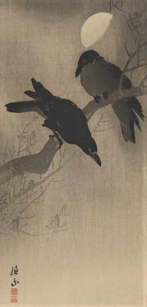 Ito Sozan, "Two Crows and Half Moon", 1925, Woodblock print on paper, 14 1/2" x 6 1/4"