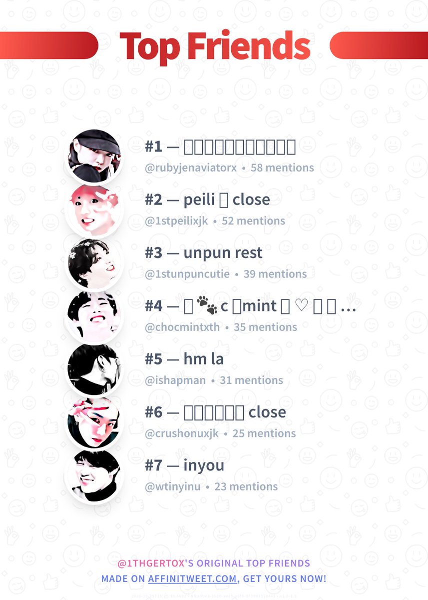 ✨ Top Friends

🥇 <a href="/rubyjenaviatorx/">หม่องนะแจ๊ะ</a>
🥈 <a href="/1stpeilixjk/">peili 、 close</a>
🥉 <a href="/1stunpuncutie/">unpun close</a>
🏅 @chocmintxth
🏅 @ishapman
🏅 <a href="/crushonuxjk/">ชอบเธอ</a>
🏅 @wtinyinu

➡️ affinitweet.com/top-friends