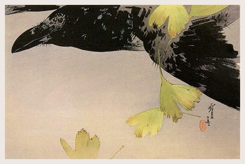 Watanabe Seitei, Crow and Ginkgo Leaves, from the series Flowers and Birds, 1916 (Watanabe Shōtei?)