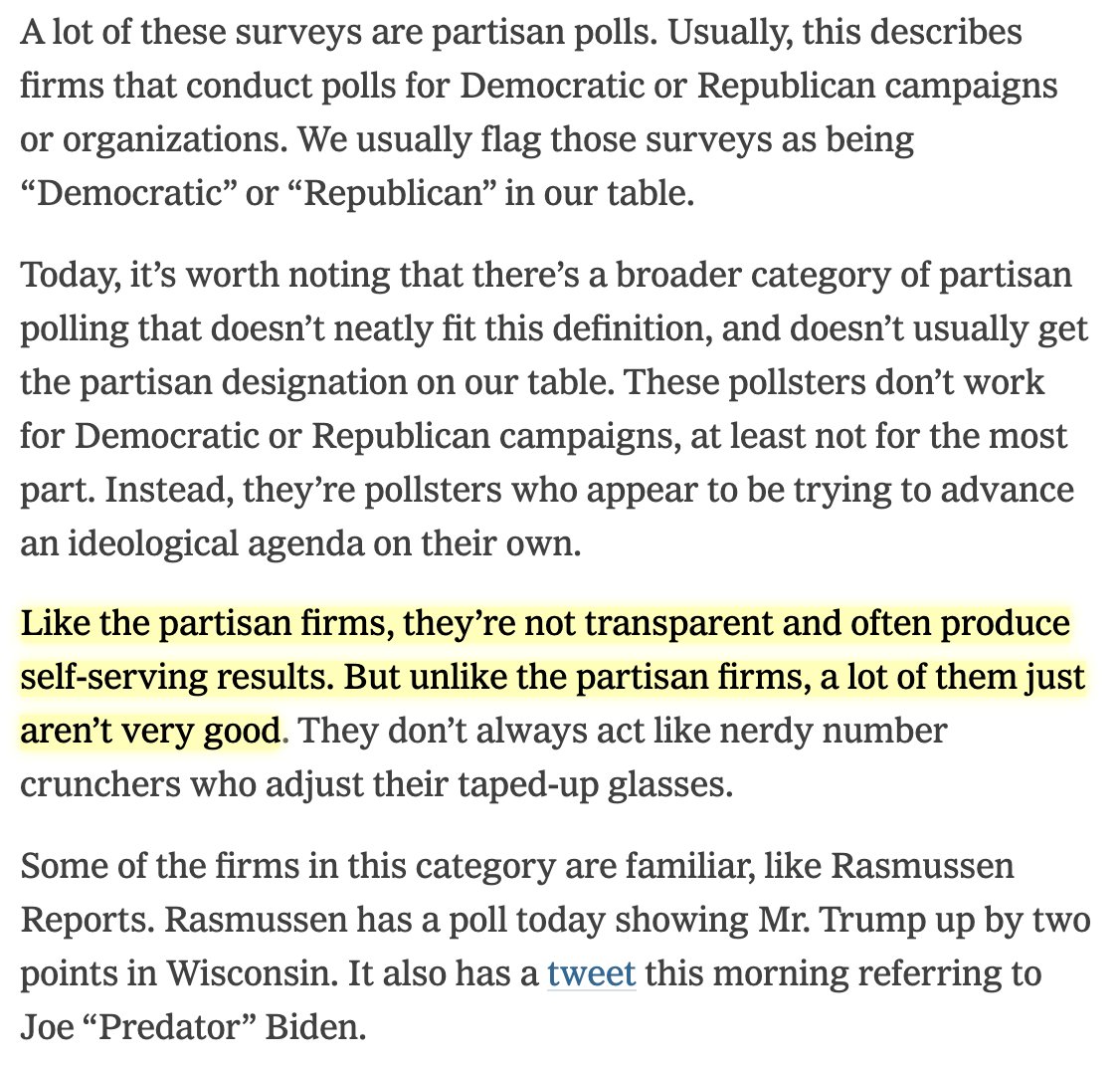 A broader issue here is with polling firms that behave like partisan shops even though they're nominally nonpartisan. And unlike pollsters who work for campaigns, who are mostly pretty good, a lot of them don't know what they're doing, as  @Nate_Cohn says:  https://www.nytimes.com/live/2020/presidential-polls-trump-biden