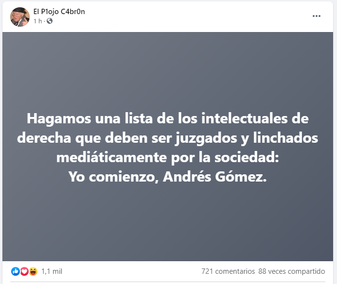 AndrsGomezV's tweet photo. Este llamado me recordó a Hitler que elaboraba “listas del odio nazi” para aniquilar a las personas que defendían la libertad y la democracia. 
Dale una mirada a la página del “Piojo Cabrón” en facebook, quizá tú también ya fuiste incluido en esta “lista del odio masista”. https://t.co/l8gxiiK9DJ