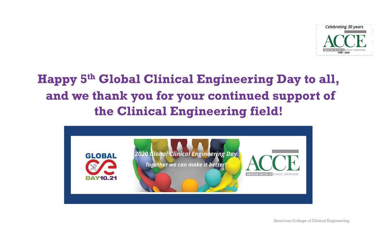 ACCE_CE's tweet photo. Happy 5th Global Clinical Engineering Day!
ACCE community has prepared this video to commemorate the contributions of clinical engineers towards patient safety and care delivery:
https://t.co/9FXI2btAli
#clinicalengineering #GCEDAY2020 https://t.co/gXhhpkkZut
