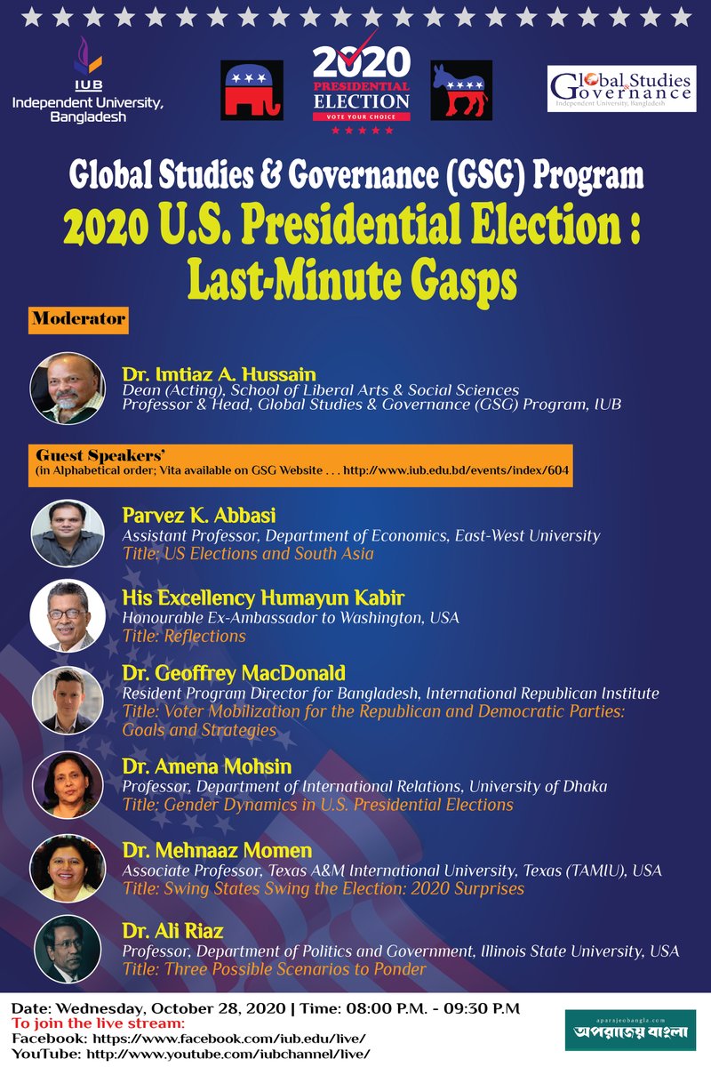 2020 U.S. Presidential Election: Last-Minute Gasps Date: Wednesday, October 28, 2020 Time: 8:00PM - 9:30PM Watch Live on Facebook Page: facebook.com/iub.edu/live Youtube Channel: youtube.com/iubchannel/live