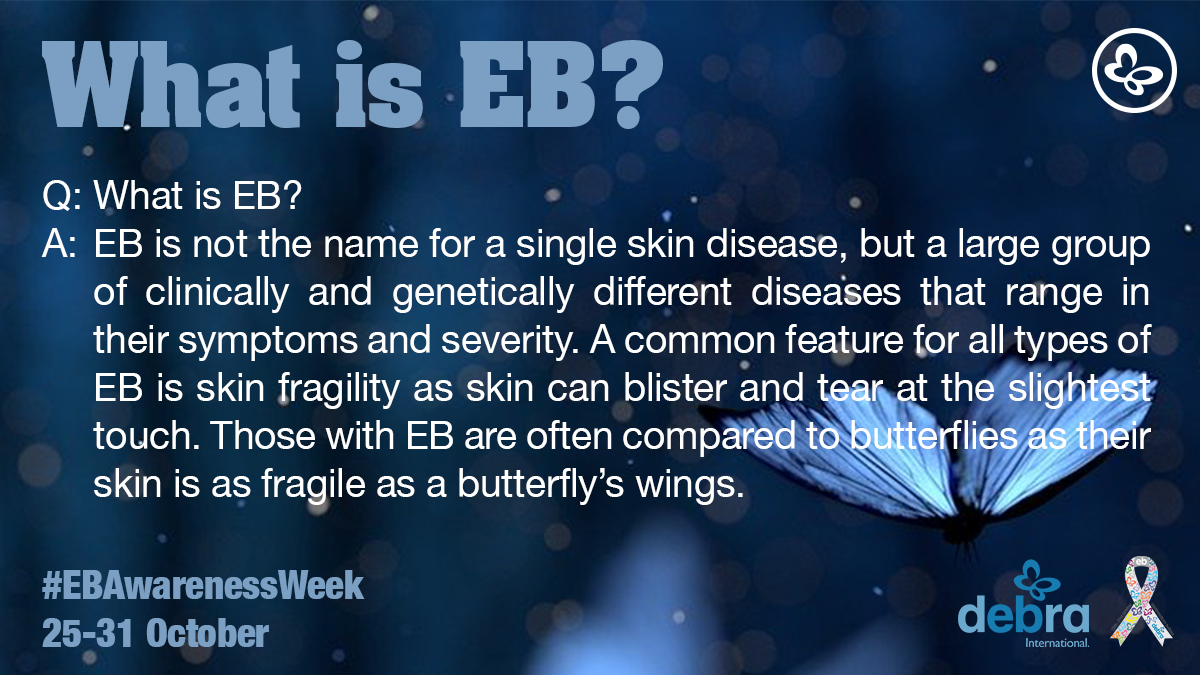 InterDEBRA's tweet photo. 🦋It's the start of #EBAwarenessWeek!🦋For the next week, we'll not only be sharing what #DEBRA groups around the world are doing to raise awareness of EB but posting important facts about #EB that you can share with others! https://t.co/ylK4GU4WBp