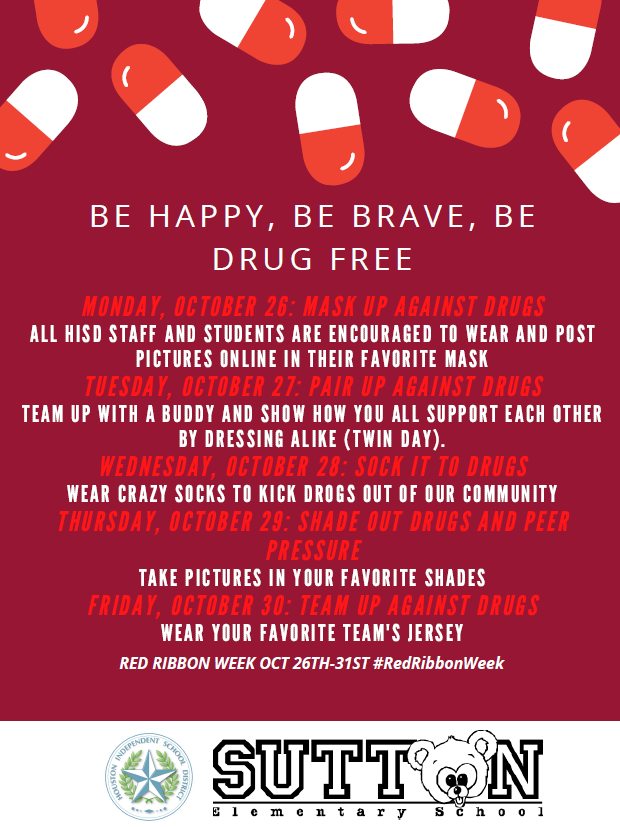 bryan_q101's tweet photo. Red Ribbon week will be October 26th-31st. Join the @HISD_ACC by showing your spirit during Red Ribbon Week. This year's theme is: Be Happy. Be Brave. Be Drug Free. Join @HoustonISD by participating in the following spirit activities for Red Ribbon Week. #RedRibbonWeek https://t.co/66ZNwFMo82