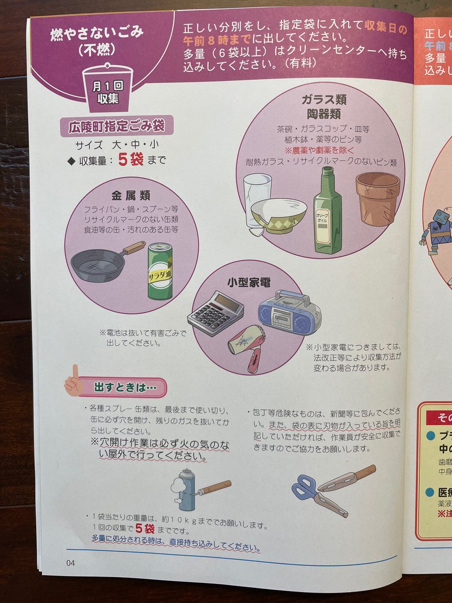 So we talked about burnable trash, what about 燃やさないゴミ (non-burnable garbage)? Well, there's a day for that once a month, too. After month 3, I banned all aerosol can purchases because the rule requiring that they be drained & punctured before disposal was way too stressful