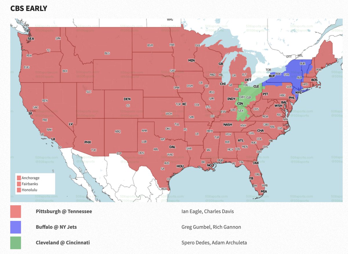 15.02/  #Steelers @ Titans is the game of the week and as the picture below shows, nearly everyone in the 50 states will get to see it except... me in Jersey. But I'll get to listen to the game on my laptop, 10-70 seconds behind (why?!)  #HereWeGo  