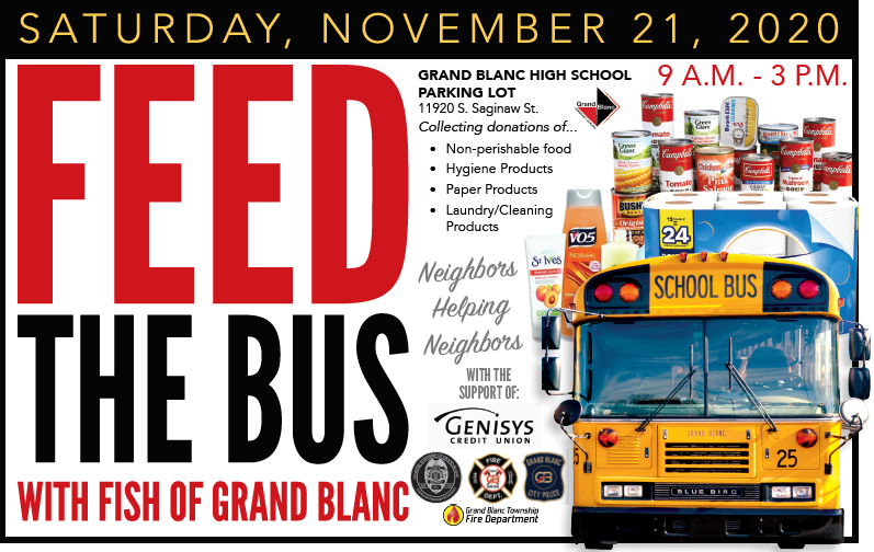CityofGBFire's tweet photo. A reminder of an upcoming event.  The Grand Blanc City Fire Department and Grand Blanc City Police Department are proudly teaming up with Grand Blanc FISH to collect non perishables at the Grand Blanc High School, November 21st from 9am to 3pm. https://t.co/71L1A9BD22