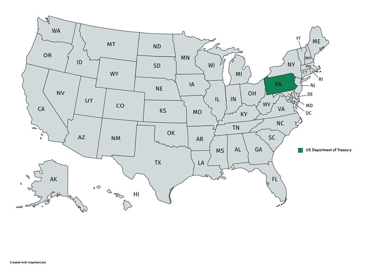 US Department of Treasury has many  #IRS offices across US, but the remainder of 86K jobs, including the Office of Comptroller of Currency ( #OCC) should be in  #Pennsylvania.  #BreakItUp  @ModeledBehavior  https://www.federalpay.org/departments/departmentoftreasury
