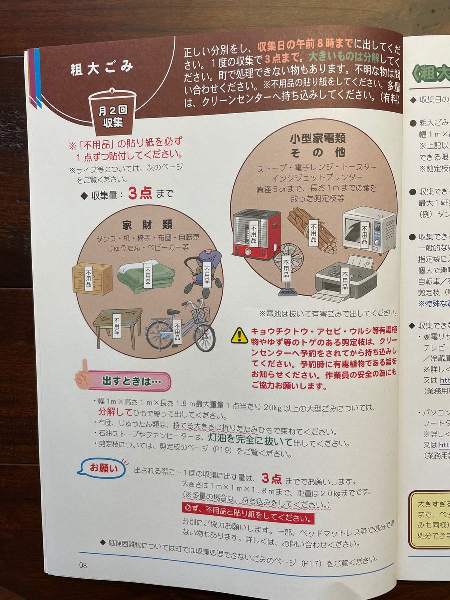 What if your garbage doesn't fit in a bag? For that you have 粗大ゴミ (oversized garbage). You can offload up to 3 items totaling 20kg two times a month. You also get to put your Japanese calligraphy skills to use, because each item needs to be tagged with 不用品 (unused item)