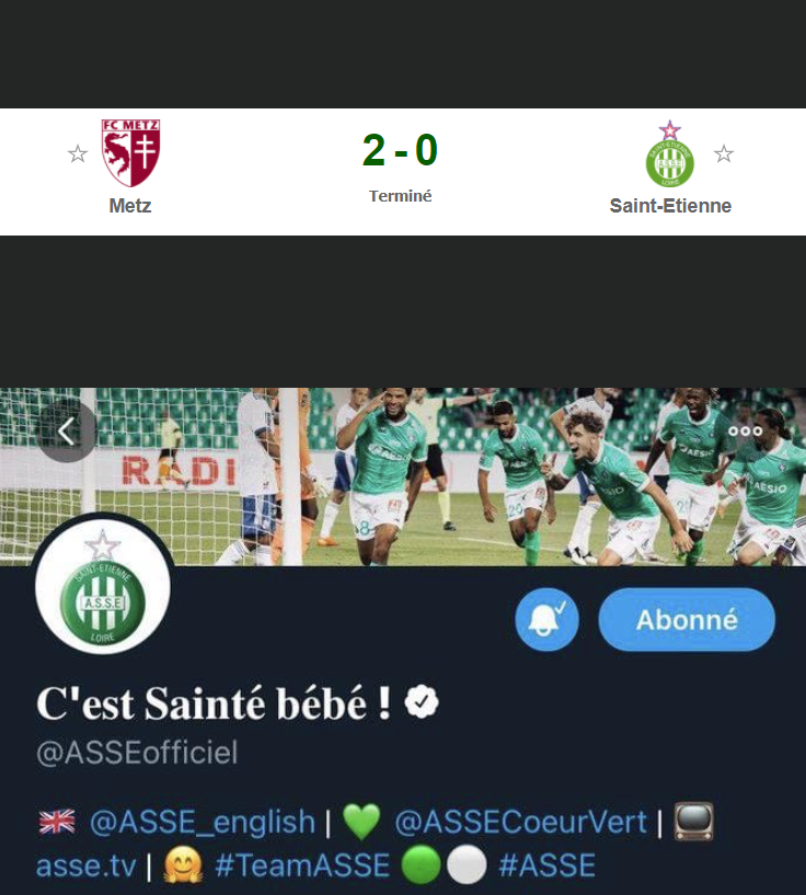 😍😍 C'est Saint-Et bébé!! Heureusement qu'Alpha Sissoko a sauvé l'honneur !! Allez les Verts! 😍😍

<a href="/ASSEofficiel/">AS Saint-Étienne</a> <a href="/FCMetz/">FC Metz ☨</a> <a href="/Ligue1UberEats/">Ligue1UberEats</a>