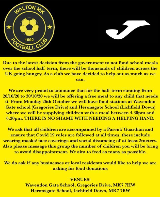 Thanks to <a href="/SUBWAY/">Subway®</a> and <a href="/GreggsOfficial/">Greggs</a> for supporting us with this initiative 
#EndChildPoverty #InThisTogether #footballforall #Waltonmkfc #MarcusRashford