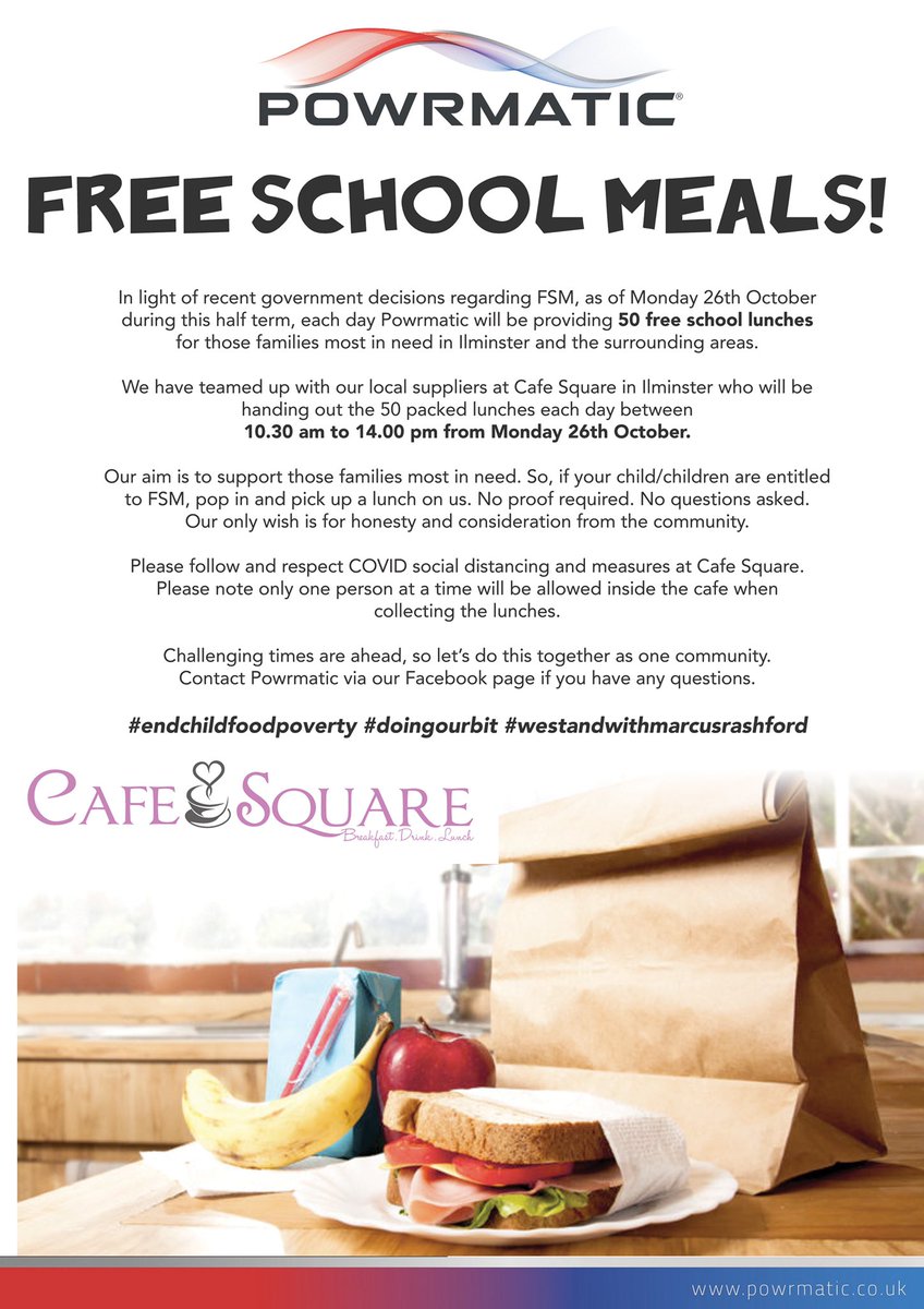 powrmatic's tweet photo. FREE SCHOOL MEALS THIS HALF TERM! Powrmatic will be providing 50 free school lunches each day during the October half term. We have teamed up with our local supplier at Cafe Square in supporting those families in need. #EndChildFoodPoverty please share @MarcusRashford https://t.co/3QO351kn5n