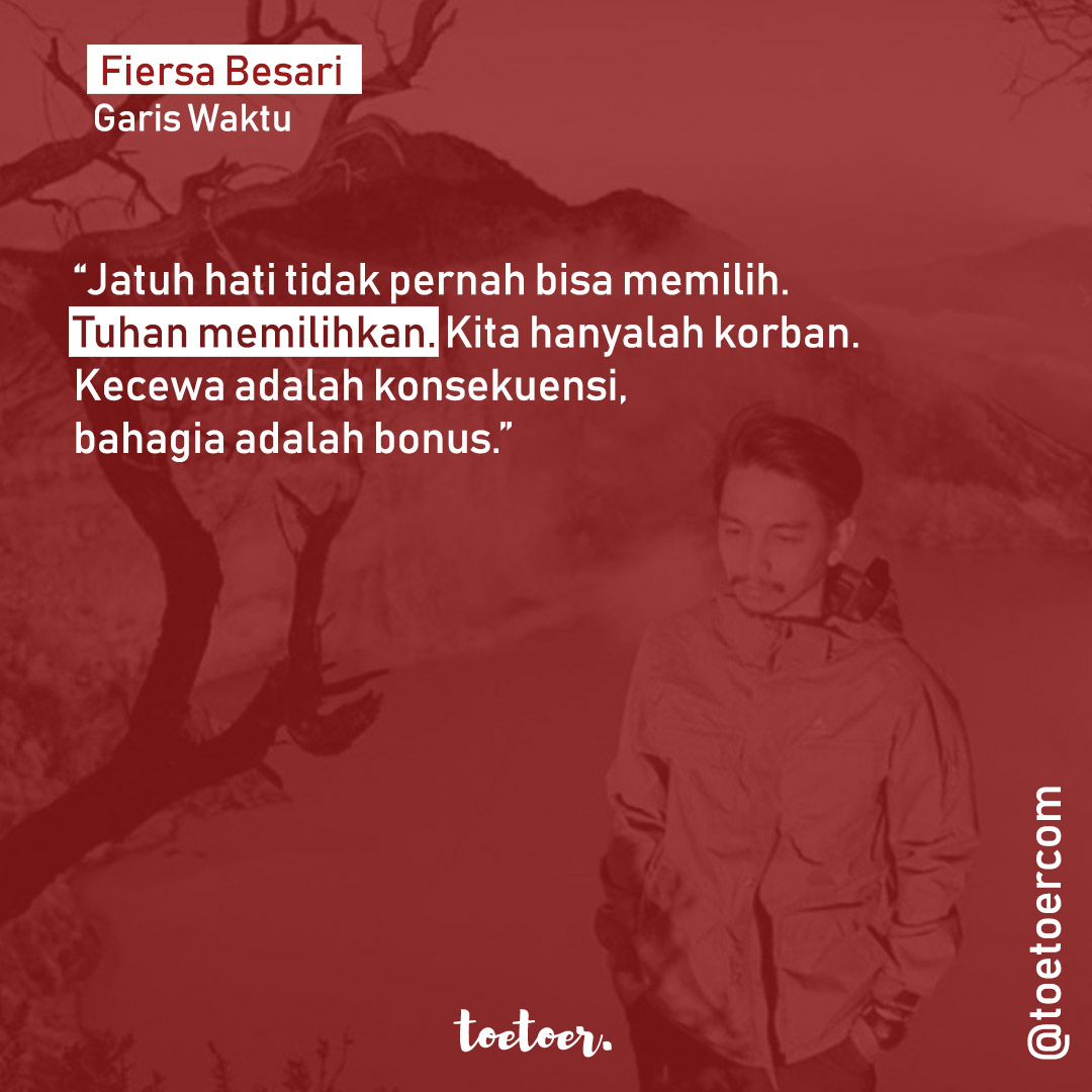 toetoercom's tweet photo. "Jatuh hati tidak pernah bisa memilih. Tuhan memilihkan. Kita hanyalah korban. Kecewa adalah konsekuensi, bahagia adalah bonus." - Fiersa Besari dalam Garis Waktu.
_
#bertoetoer #fiersabesari https://t.co/BqIABkd51L