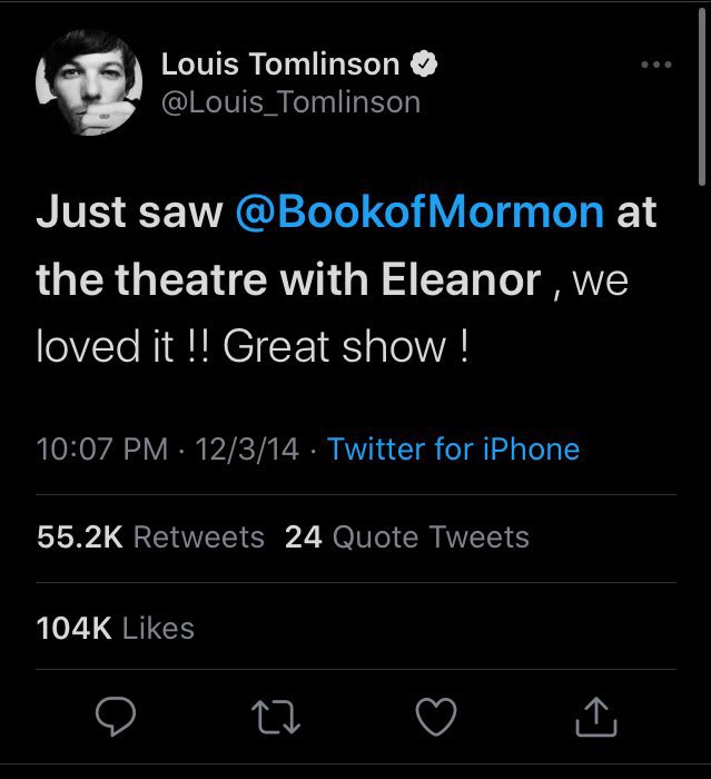 at the same time louis tweeted about being with eleanor and spending the night with her at a theatre. the first thing he tweeted about it was around 10pm. the theatre show started at 7:30pm and its duration was 2 hrs and 30 mins.