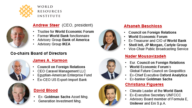 EAT works very closely with the World Resources Institute. WRI's Board of Directors has close ties to Davos' WEF, large financial institutions (Goldman Sachs, ..), the Council on Foreign Relations, Rockefeller Foundation, Oxford Analytica, ...  https://www.wri.org/about/board 