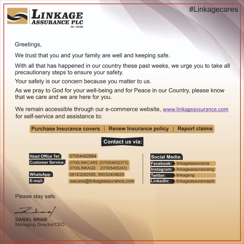 Please stay safe, You matter to us.

#Staysafe #Wecare #Linkagecares #Protectionthatcounts