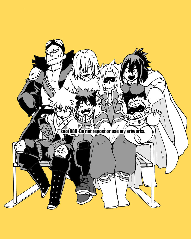 bakugou katsuki ,midoriya izuku multiple boys sitting yellow background smile open mouth spiked hair cape  illustration images