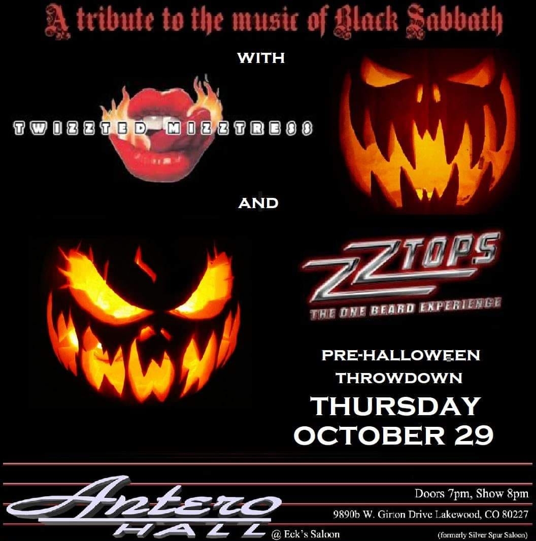 This #ThursdayNight #HalloweenParty #LiveBands #KegParty <a href="/AnteroHall/">AnteroHall</a> aka #EcksSaloon @ #Kipling &amp; #Hampden285 #Oct 29 6:30 <a href="/BackStabbath/">Justin</a> &amp; #ZZTops #TributeBands w #TwizztedMizztress! #LiveMusic #roc #Lakewood #Denver #Golden #Morrison #Colorado #ColoradoEvents <a href="/EventsColorado/">Events in Colorado</a> #CO