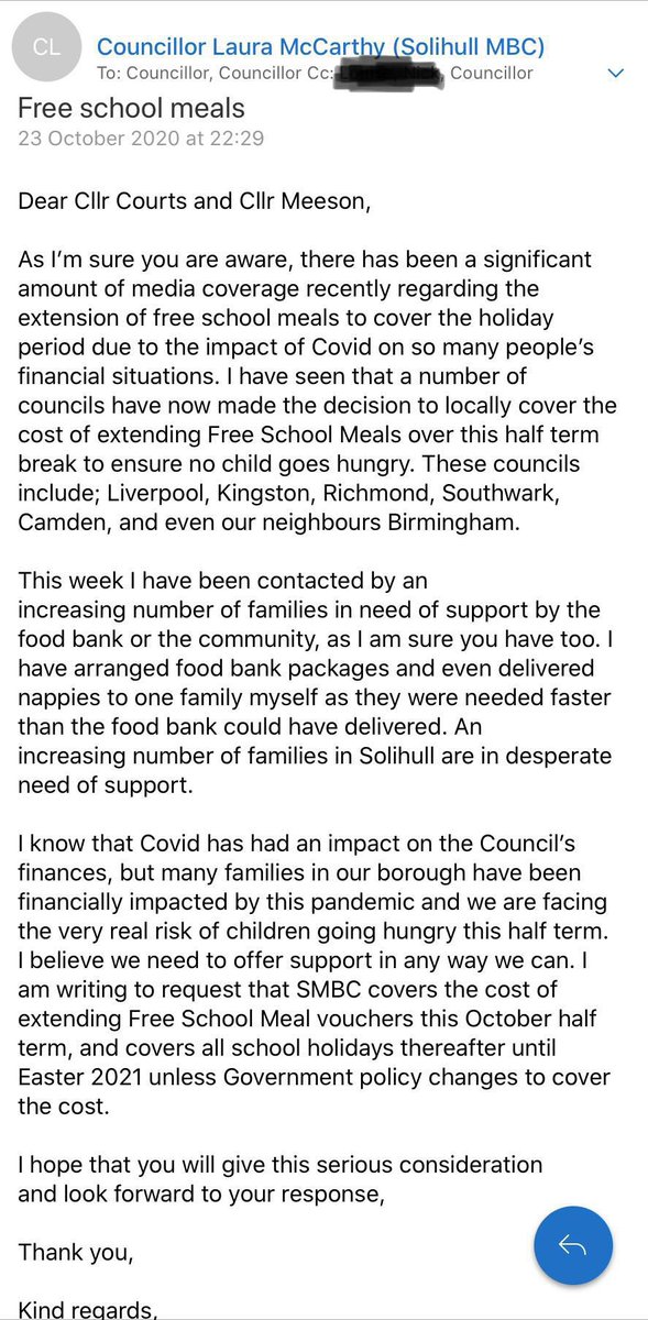 SolihullLibDems's tweet photo. On Friday Cllr Laura McCarthy wrote to Solihull Council leaders to request the local extension of Free School Meals. See her email below. 
#NoChildGoesHungry https://t.co/onA1R2tYED