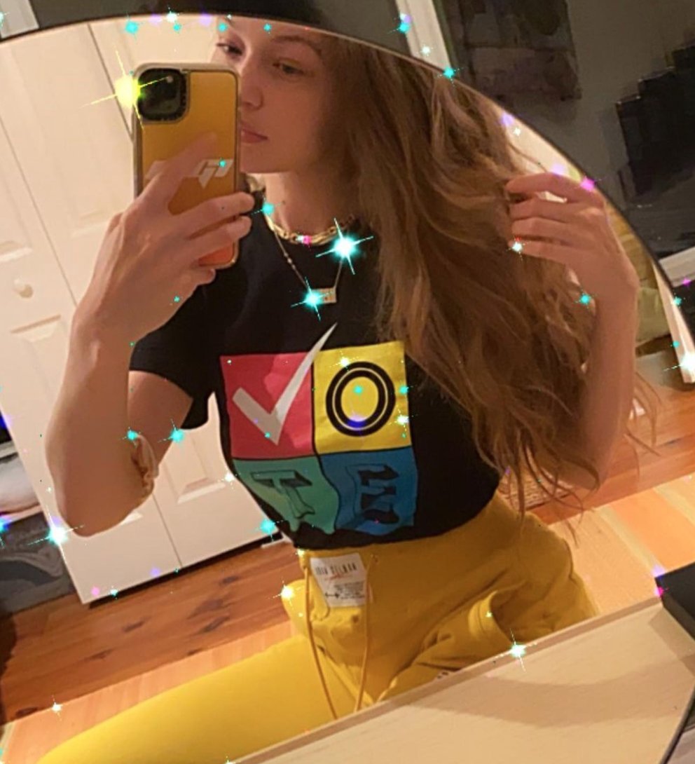 prabalgurung's tweet photo. Our #PGMuse, dear friend, and new mother @GiGiHadid wearing our VOTE t-shirt to spread an important message about making a plan to #VOTE by election day.
@usweekly - https://t.co/rxgm15bosS https://t.co/oGzfxWEmTO