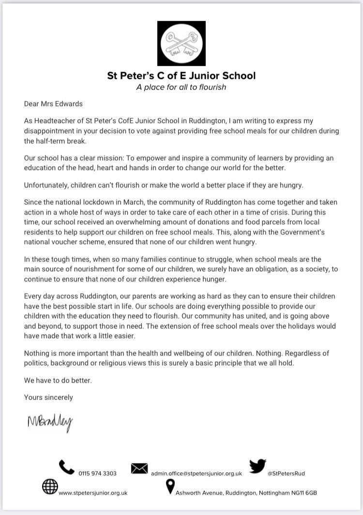 Letter to our MP the re free school meals vote in the holidays from our junior school headmaster 🙏 Stronger Together 💛 Perfectly describes how we feel as a community.