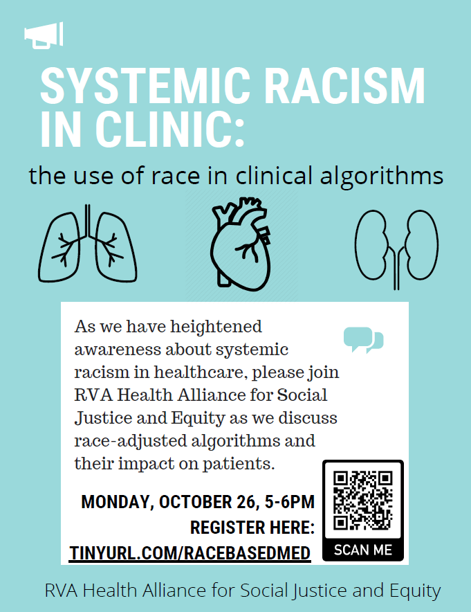 alan_dow's tweet photo. Did you know race is integrated into many clinical algorithms for historically dubious reasons? Learn more about this example of systemic racism in healthcare through this Zoom tomorrow (10/26) at 5 EDT. Register via the QR code on the picture. VCU-focused but all welcome. https://t.co/o99b3rgZwW