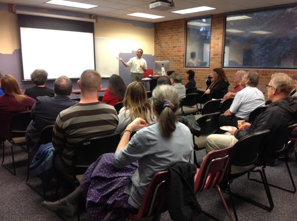 its_m_reilly's tweet photo. Back 4 years ago, I use to host a Sabbatical Colloquium at the library...because we're so cool. This is what happens when a historian, physicist, and computer scientist walk into the library. #wineinthelibrary #foodandscience #smartpeopleworkhere #CWULibrary https://t.co/pAzA7JTu5I