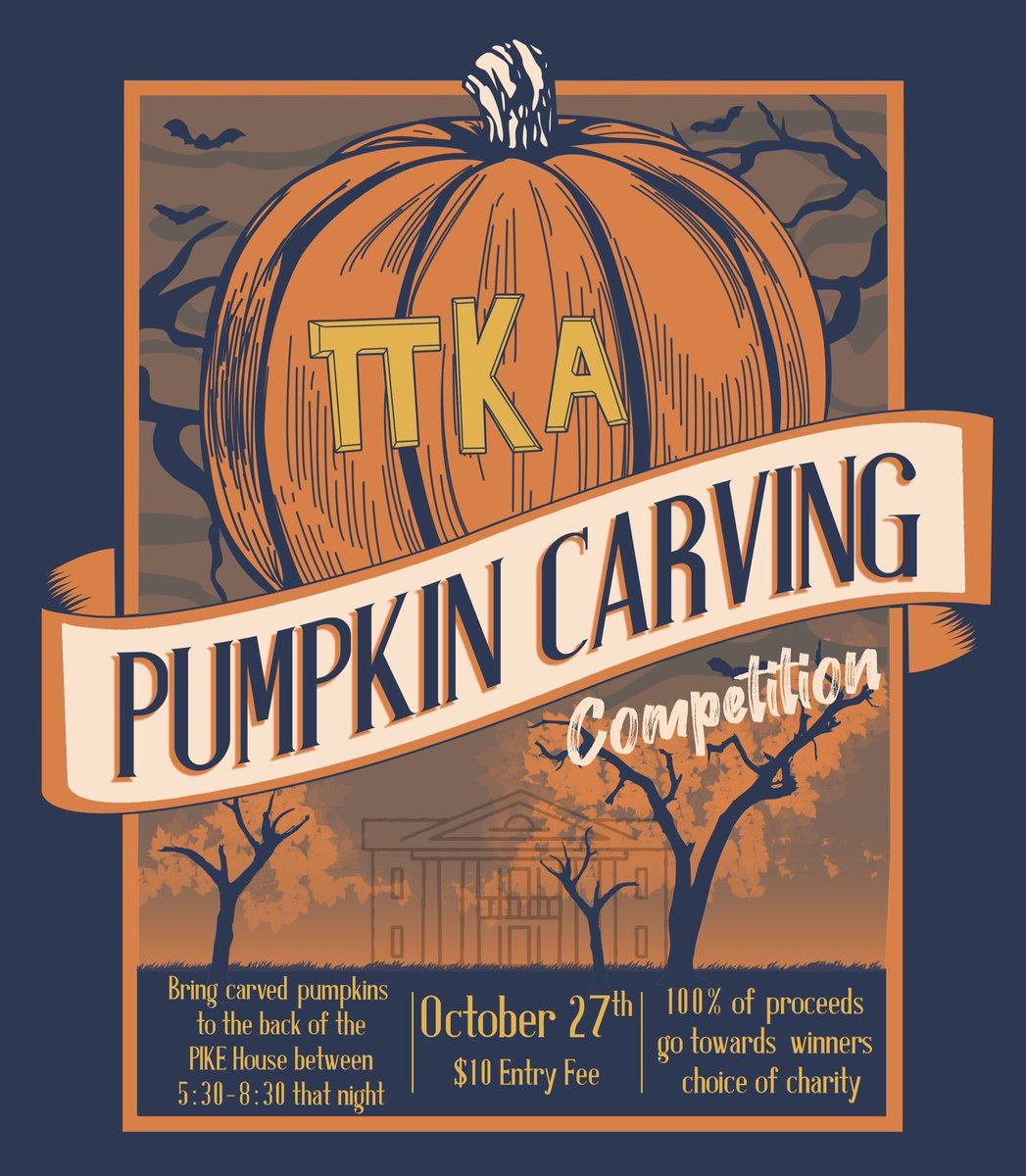 TWO DAYS AWAY! 

This Tuesday, October 27, bring your carved or painted pumpkin to the back patio of the PIKE house from 5:30-8:30! Winning team will receive free admission to Crawfish   next Spring and choose the charity the money goes to!