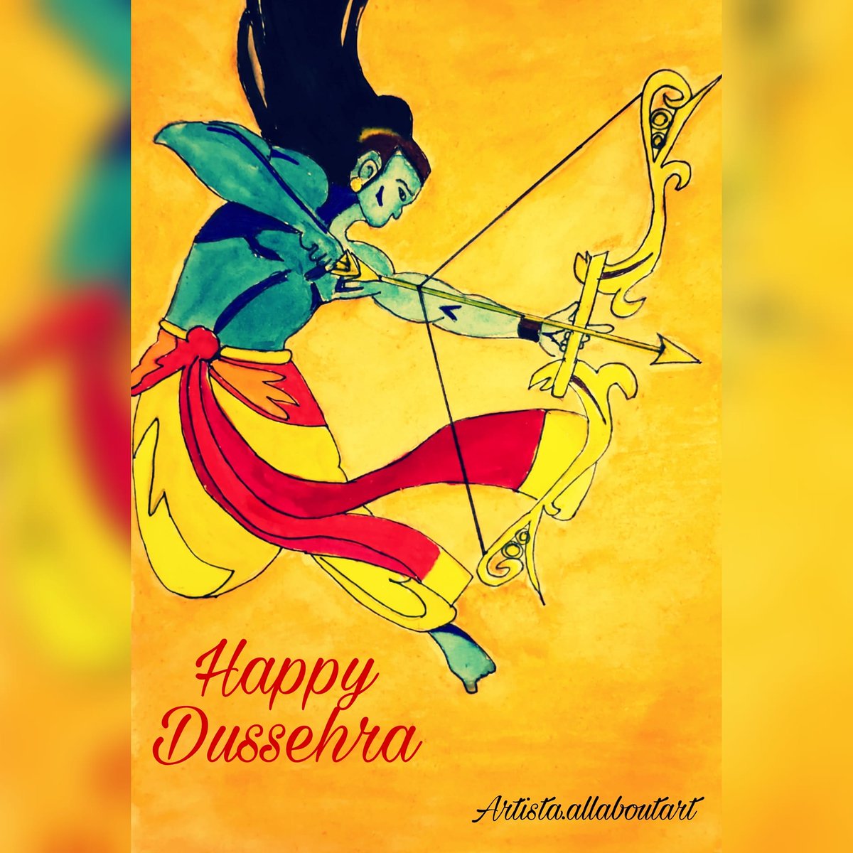 "May all your troubles end this Dussehra! Sending you good wishes and peace".

 May God shower blessings on you. Happy Dussehra!
.
.

#happydussehra #dussehra #ramji #rammandir #rammandirayodhya #artontwitter #painting #Watercolor #art