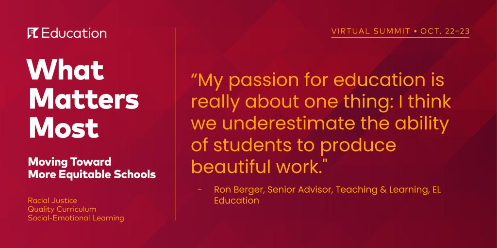 ELeducation's tweet photo. Flashback to @RonBergerEL's #ELVS20 session on beautiful and meaningful student work. #WeAreCrew https://t.co/rJ3Jhr45IR
