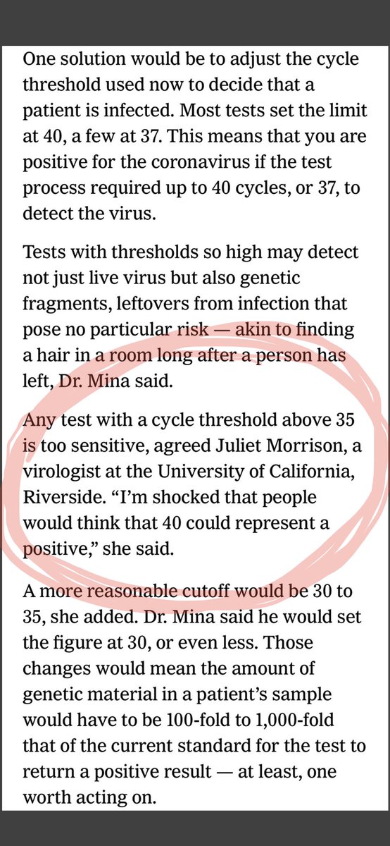 6/11  @JumoDr expressed shock in  @nytimes that results with Ct of 40 would be considered positive and suggested that a more reasonable cut off would be 30 to 35  https://www.nytimes.com/2020/08/29/health/coronavirus-testing.html?referringSource=articleShare