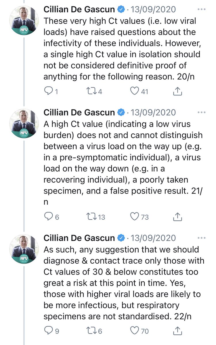 7/11  @CillianDeGascun acknowledged questions about infectiousness of “cases” above this Ct range, but also warned that results in isolation could fail to distinguish between cases with viral load on the way up (very infectious) and viral load on the way down (not infectious).