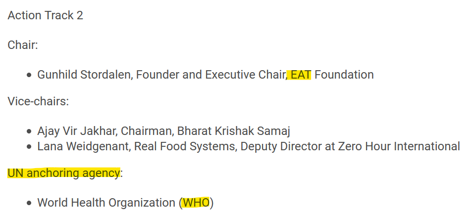 In parallel to the  #GreatReset, 'Action tracks' will be developed at the UNFoodSummit 2021 ( #FoodSystems); the track dealing with 'sustainable diets' will be chaired by EAT's founder (Stordalen) & will have the  @WHO at its disposition as 'anchoring agency'  https://www.un.org/sustainabledevelopment/blog/2020/09/leading-experts-chosen-to-drive-five-priority-areas-for-un-food-systems-summit/