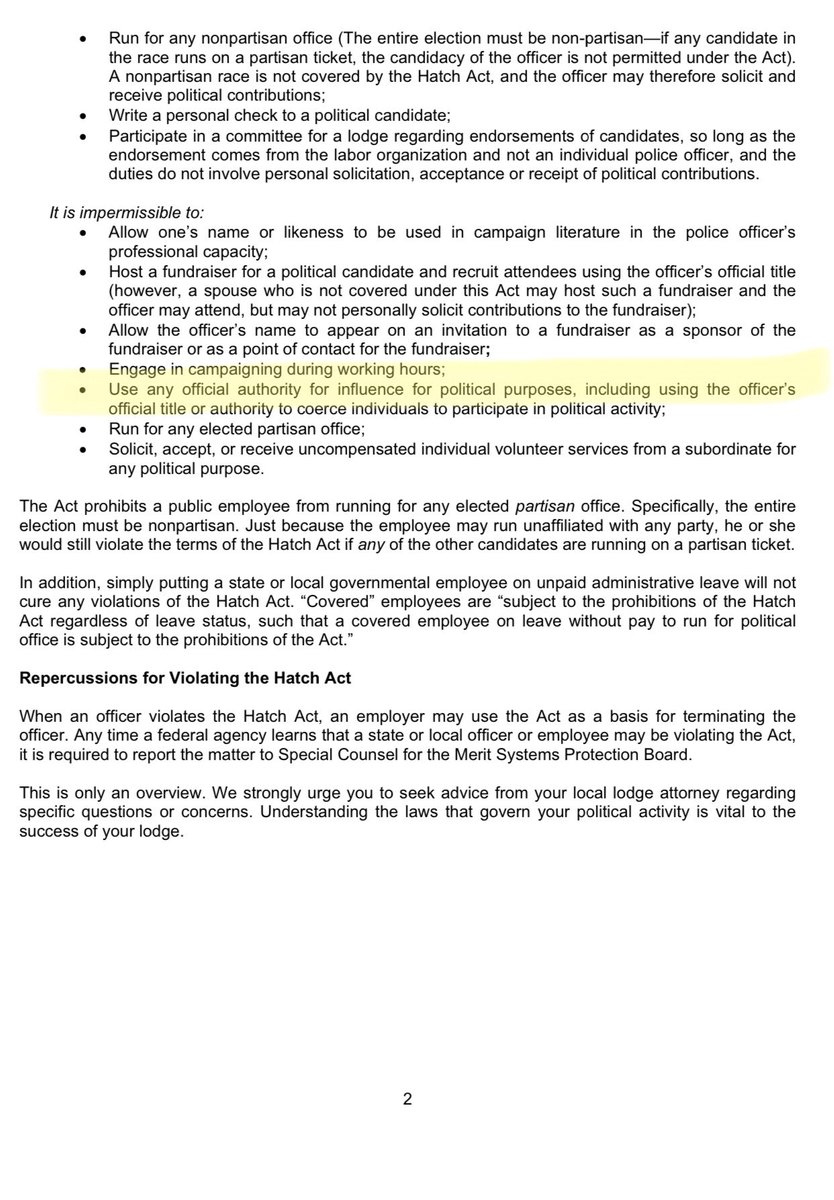 itschizita's tweet photo. @itsa_talia Here’s a snippet of the Hatch Act as it applies to police. This is a clear &amp; egregious violation &amp; you can report it at (202) 804-7002 or demand @TishJames hold them accountable. Enough is enough. If you can get fired for a nap on the job, they can and SHOULD get fired for this. https://t.co/XOJtMcoBtU