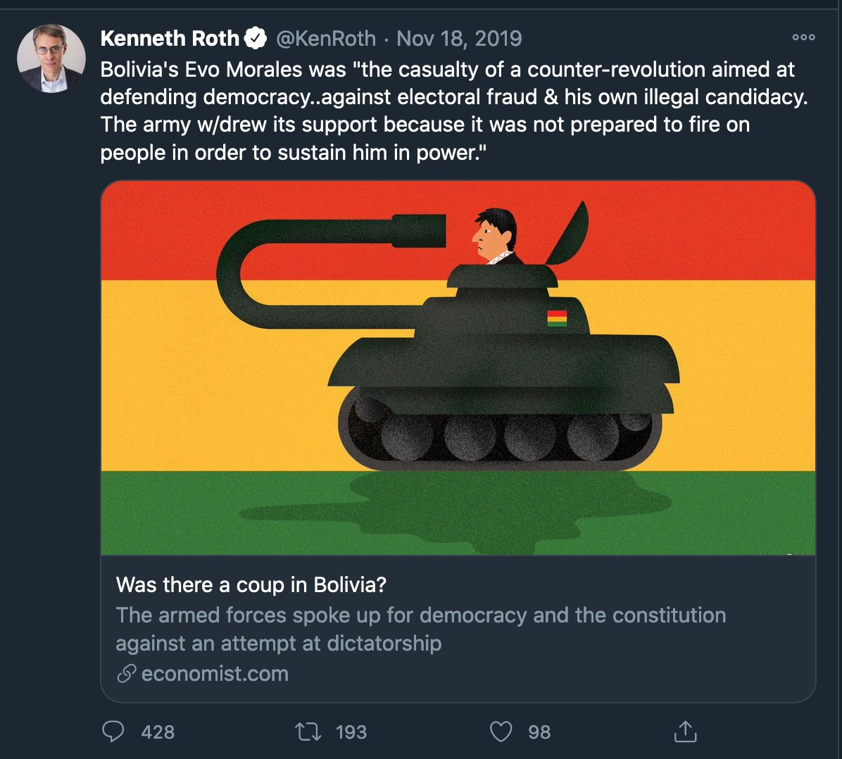 Now that democracy has returned, Human Rights Watch boss Ken Roth pretends to have supported it and the MAS all along, despite being a key int'l driver in the fascist coup of 2019, and whitewashing massacres of indigenous resistersBut I won't forget it. And neither should you.