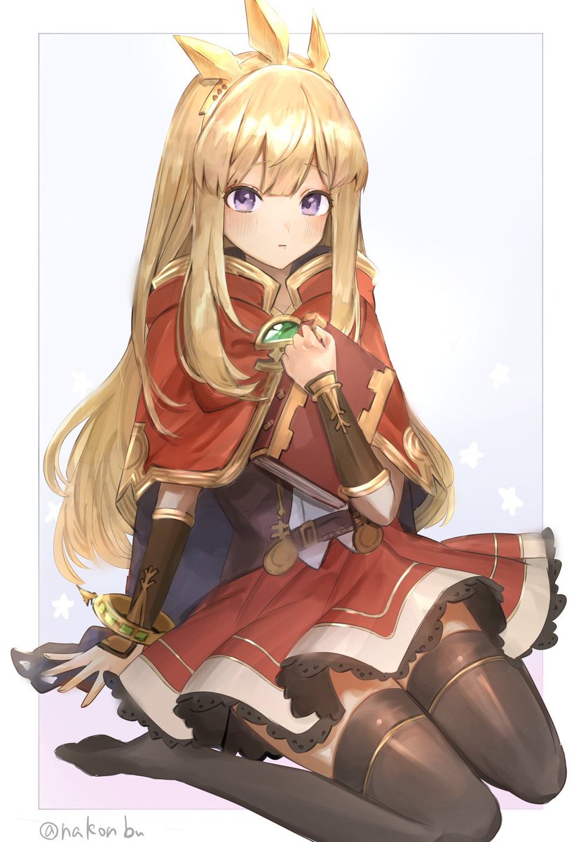 cagliostro (granblue fantasy) 1girl solo long hair thighhighs blonde hair purple eyes sitting  illustration images