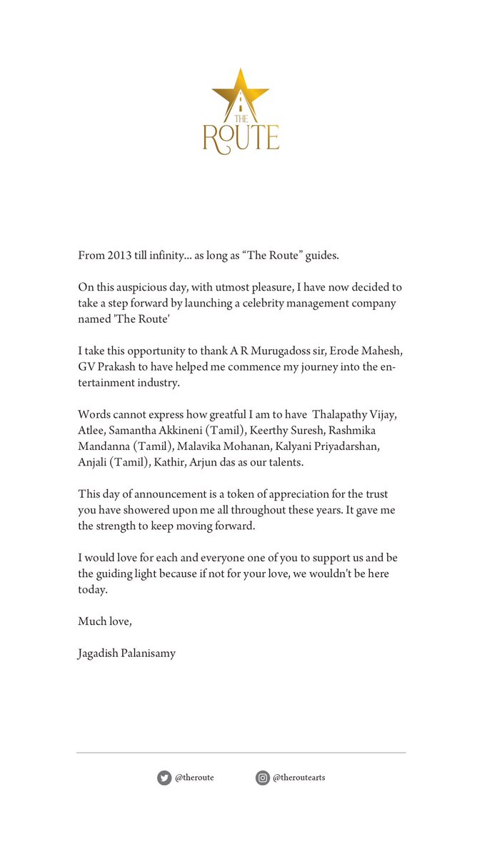 Jagadishbliss's tweet photo. On this auspicious day, with utmost pleasure, I have now decided to take a step forward by launching a Celebrity Management company named @TheRoute 

I take this opportunity to thank each and everyone who helped me commence my journey into the film  industry https://t.co/e0vGcdmO9H