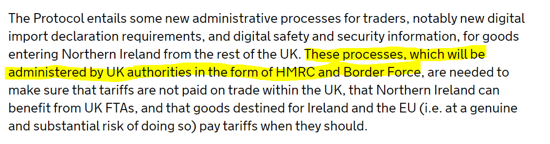 The basics: goods moving GB to NI will need new paperwork. This is because the UK agreed to uphold the integrity of the EU customs territory, and didn't want a border on the island of Ireland. This is the govt's own guidance on the NI protocol 2/  https://www.gov.uk/government/publications/moving-goods-under-the-northern-ireland-protocol/moving-goods-under-the-northern-ireland-protocol-section-two-moving-goods-from-great-britain-to-northern-ireland
