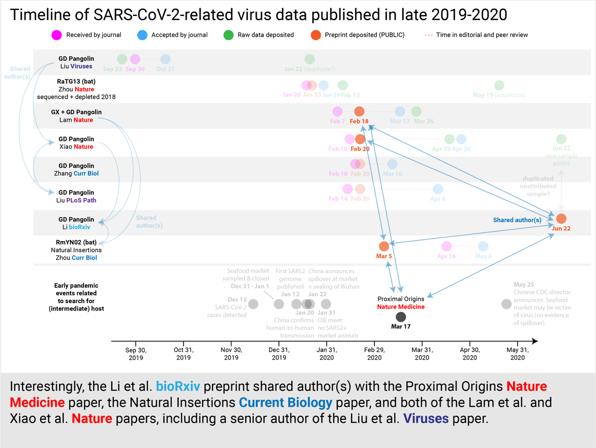 The story gets more complicated by this new preprint Li et al.  @biorxivpreprint because it shares author(s) with Proximal Origins  @NatureMedicine, Natural Insertions/RmYN02  @currentbiology, both pangolin CoV  @nature papers, and thereby the original Liu et al. Viruses. (18/30)