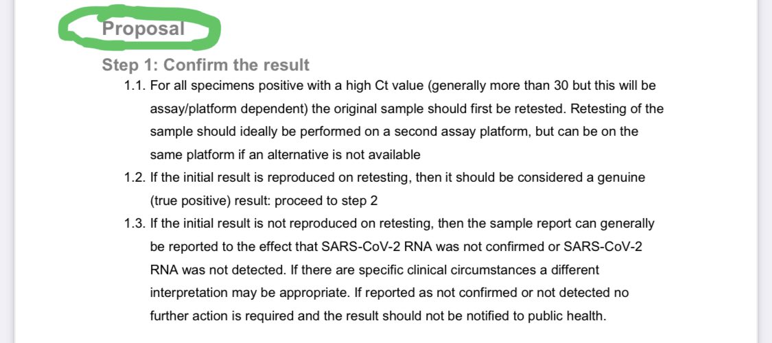 10/11  https://www.hpsc.ie/a-z/respiratory/coronavirus/novelcoronavirus/guidance/outbreakmanagementguidance/PCR%20weak%20results%20guidance.pdf# Proposed mgmt of specimens with Ct value >30. Step 1 advises such positive results be RETESTED. Appendix 1 of this proposal also states: “very few reports of viable SARS-CoV-2 virus being retrieved in culture from clinical specs with Ct value >34