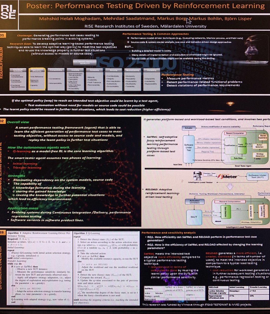 MahshidHelali's tweet photo. If you have planned an excursion to Virtual @icstconference 2020, welcome to make a quick stop at our poster room in ICST exhibit hall 😀 Poster: Performance Testing Driven by Reinforcement Learning, as a quick demo of our research in @TestomatProject and @IVVESProject #icst2020 https://t.co/42UHaKE6dm