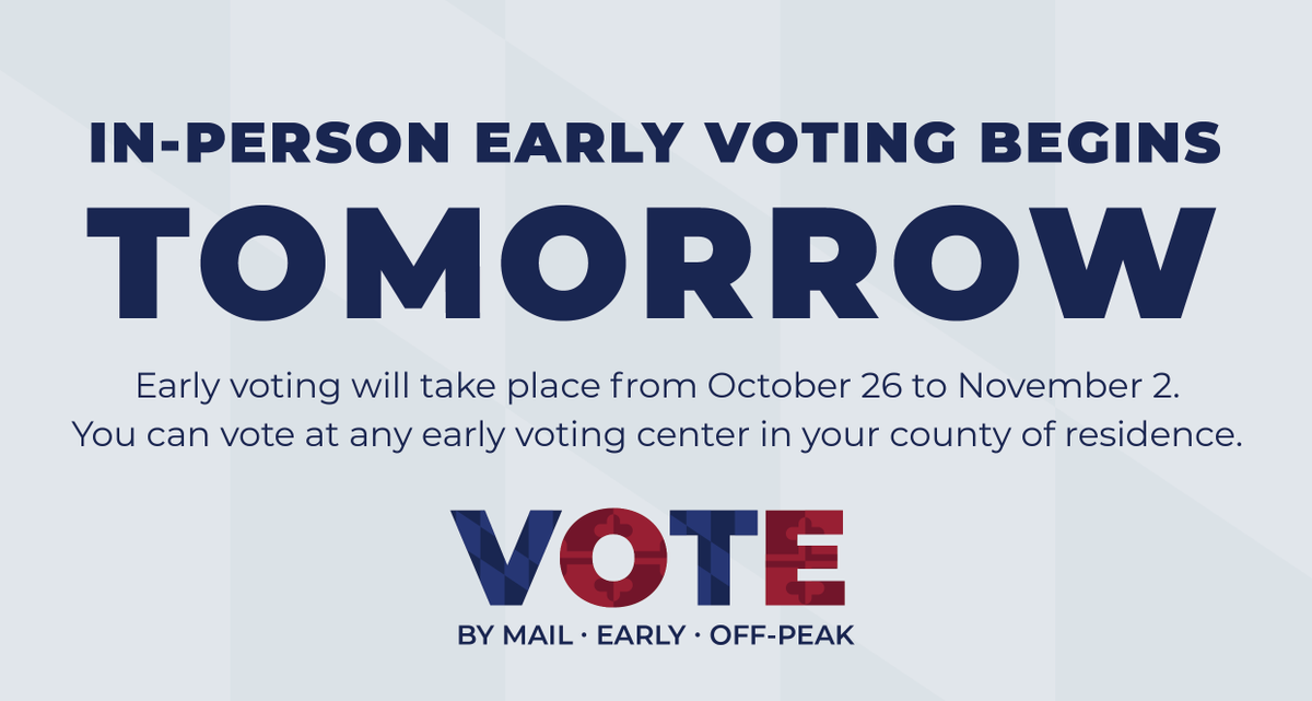 GovLarryHogan's tweet photo. In-person early voting begins TOMORROW in Maryland. We strongly encourage voting early and at off-peak times to limit crowds and wait times. #MDvotes

Find an early voting center in your jurisdiction: https://t.co/7FguSwnpqa https://t.co/R9enyPMoN3