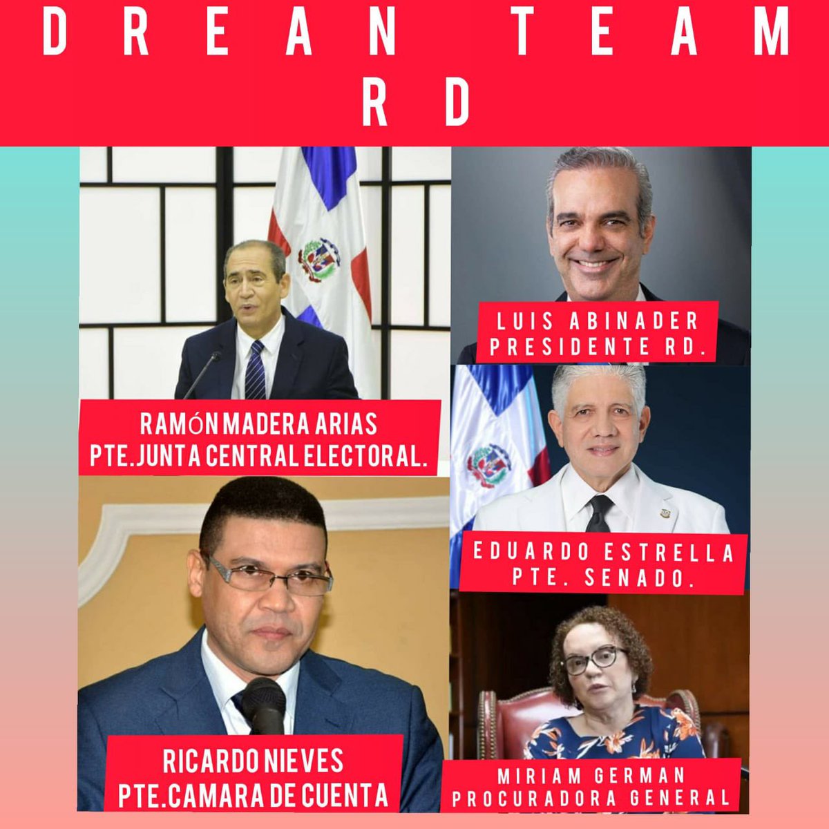robertorijo's tweet photo. @MaderaArias Las nuevas caras de la moralidad pública. He aquí el DREAN TEAM, para una mejor RD.
Debe ser completado con personas pulcras, integras, independientes y con talante Ramon Madera Arias, el presidente para la JCE. 
Ricardo Nieves, el presidente para la cámara de cuenta https://t.co/25aoJ5B6iL