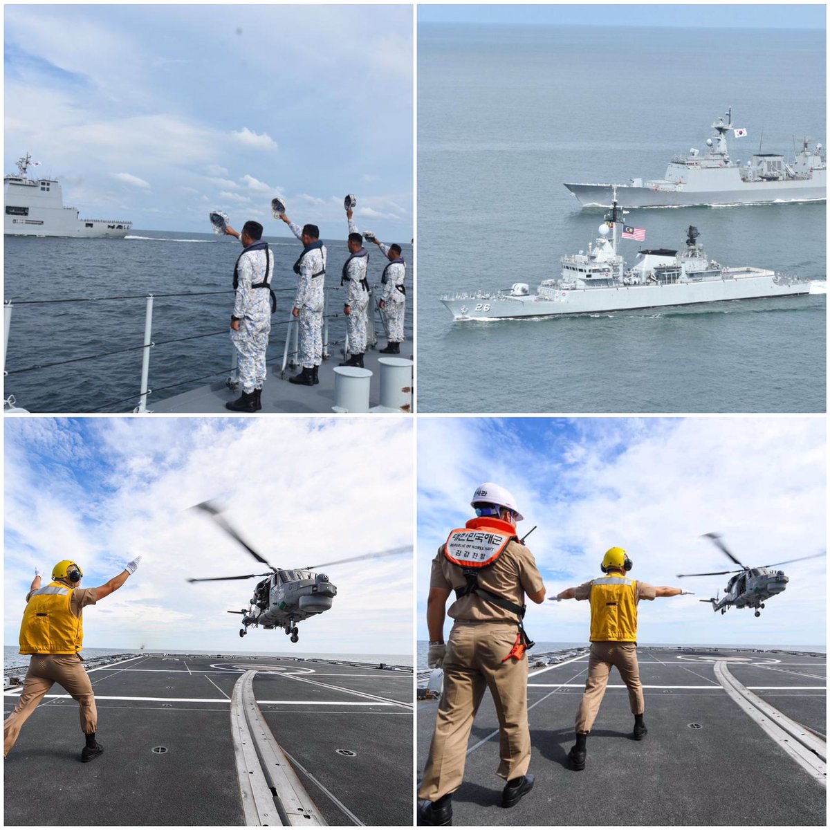 Lekir26's tweet photo. PASSEX RMN-ROKN was conducted between KD LEKIR(FSG 26) with @ROK_Navy ROKS KANG GAM CHAN(DDH 979) and ROKS SOYANG(AOE 51) at Malacca Strait. PASSEX with partners at sea makes us all stronger. Bon Voyage!
@MPA_Barat
@tldm_rasmi 
@RMN_Airwing https://t.co/acWhgVNrKW
